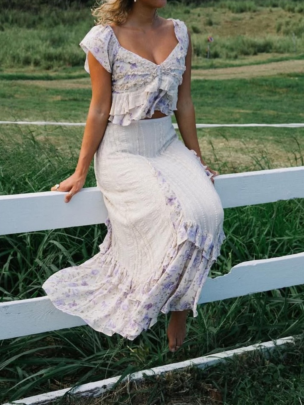 Free people now & then set floral lace ruffle top and maxi skirt M medium